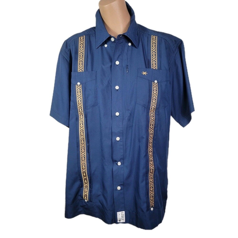Texas Standard Guayabera Shirt Size M Embroidered Tejas Western Blue Button Up V